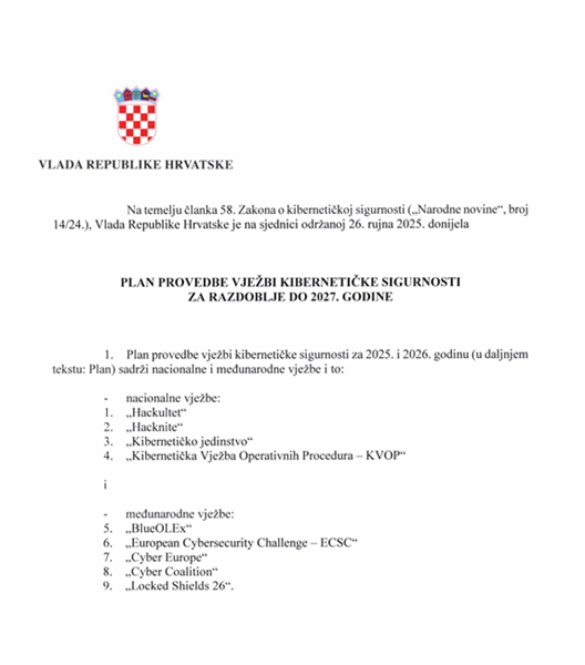 Donesen Plan provedbe vježbi kibernetičke sigurnosti za razdoblje do 2027. godine 